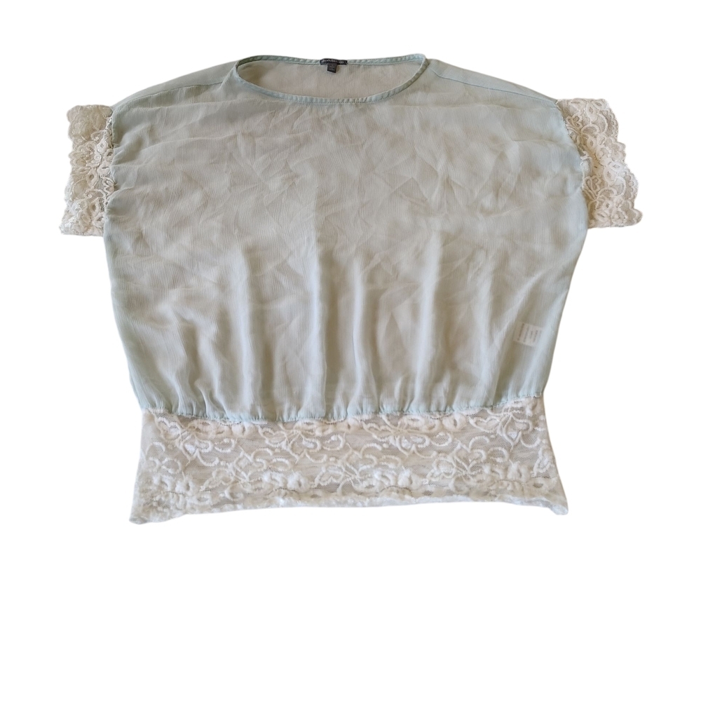 Charlotte Russe Lace Trim Blouse - Light Green and Cream